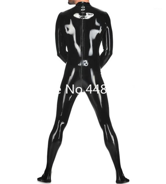 

latex catsuit with socks male's latex rubber bodysuit with two ways back zipper black color plug size1