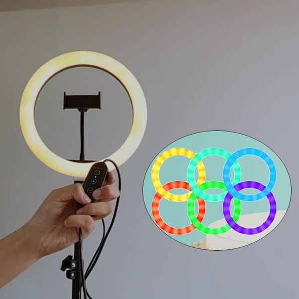 

10'' rgb ring light with stand, mini led dimmable circle light, makeup flash light with cell phone holder remote control deskrin