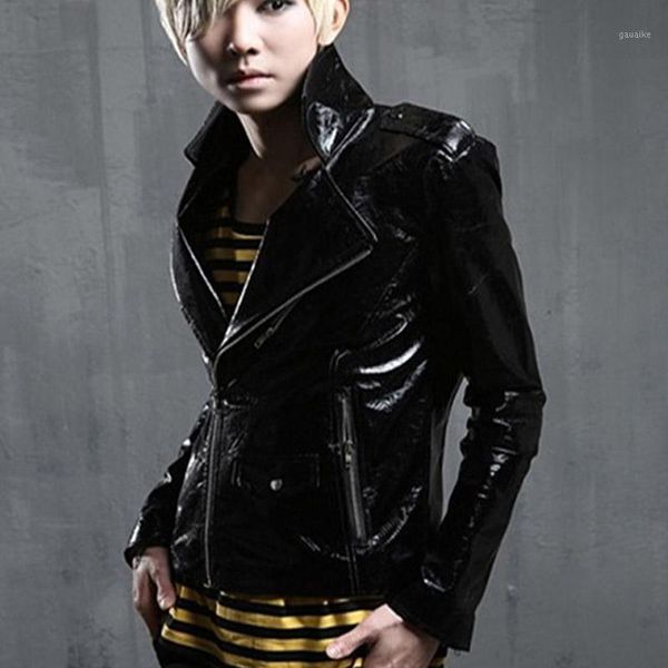 

wholesale- new spring autumn men pu jackets slim motorcyle jackets men patent leather stage show coat male clothes k7321, Black;brown