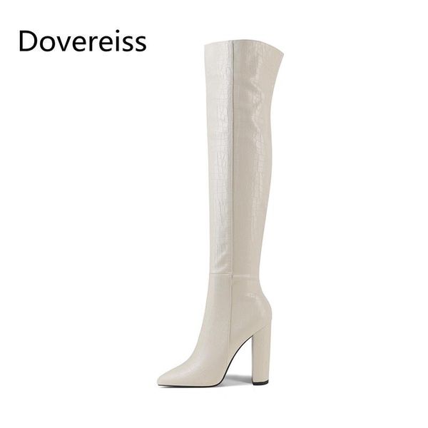 

boots winter for woman fashion consice pure color beige pointed toe block heels over the knee chunky 34-43, Black