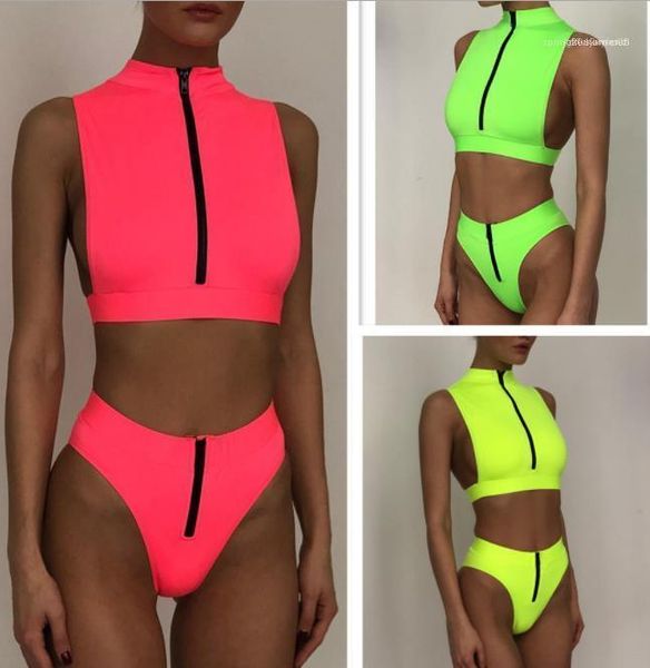 

fashion fluorescense zipper neck sleeveless two piece swimwear new style womens bikini 2020 summer women swimsuits, White;black