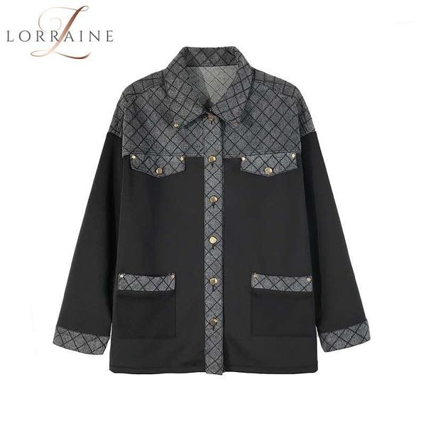

women's denim jacket personality trend lapel jacket fashion color matching long-sleeved outer shirt retro all-match1, Black;brown