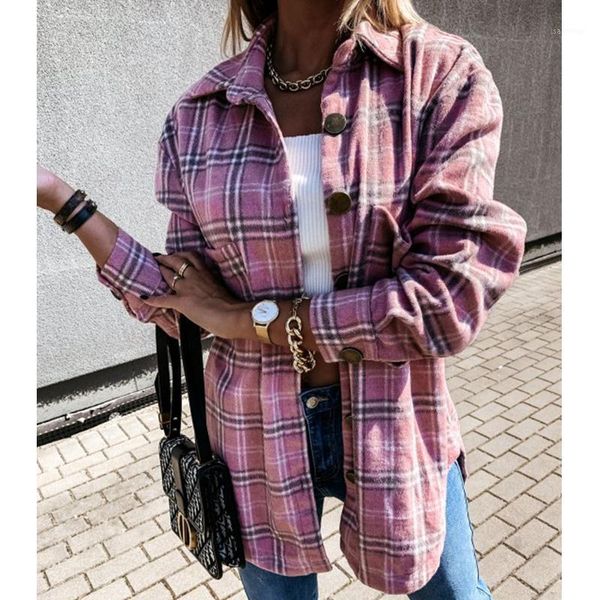 

vintage women long sleeve single breasted plaid loose jacket autumn winter oversized coat streetwear1, Black