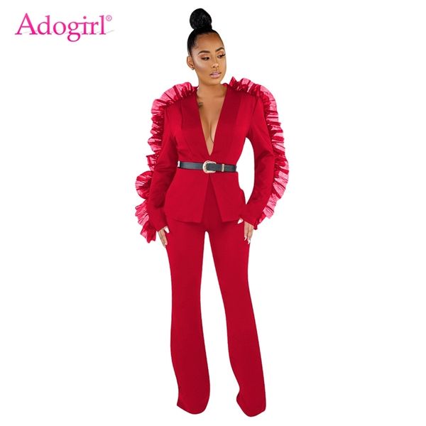 

adogirl solid mesh ruffle fashion two piece set long sleeve blazer coat wide leg pants women business suit casual outfits, White