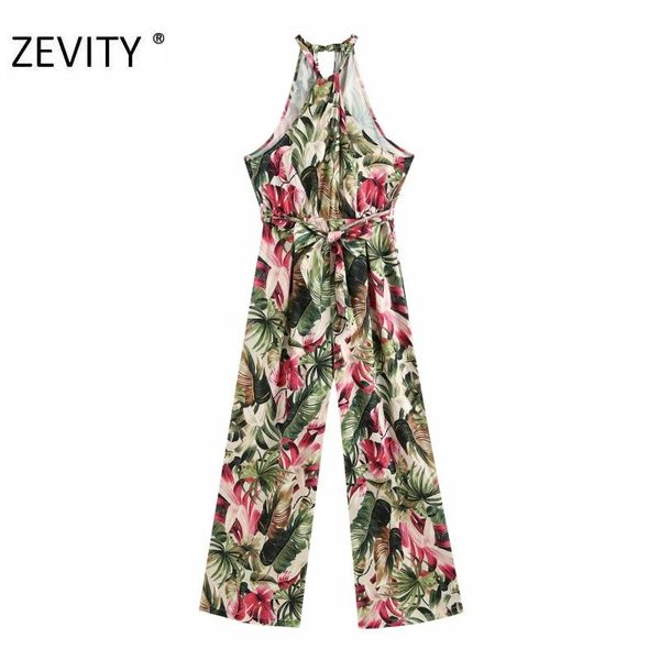 

women's jumpsuits & rompers zevity women tropical flower print wide leg pants combination ladies sleeveless halter casual bow sashes d4, Black;white