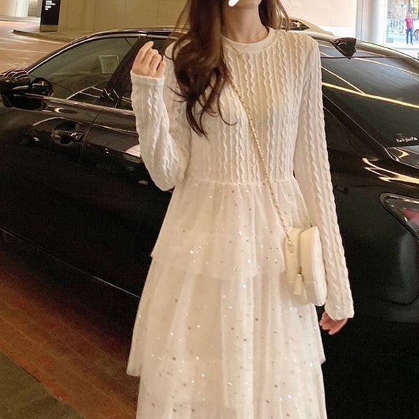 

2021 new white knitted fairy elegant ruffled women designer sequins winter one-piece lady club party long sleeve maxi dress rw4r, Black;gray