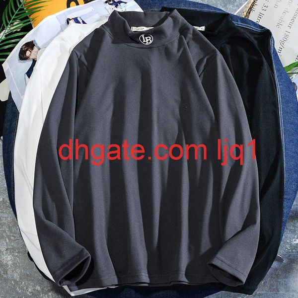 

2021 new semi high collar long sleeve t-shirt men's trend solid color leisure spring and autumn fashion base shirt slim mid high collar, White;black