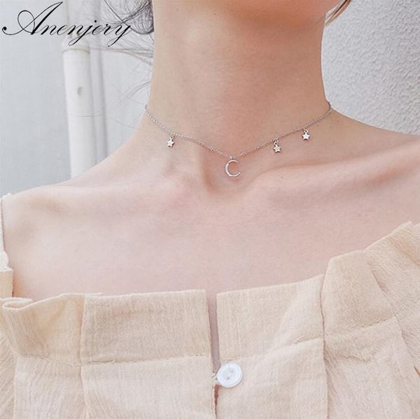

anenjery 925 sterling silver necklace micro zircon moon star pendant short clavicle necklace for women choker collar s-n220