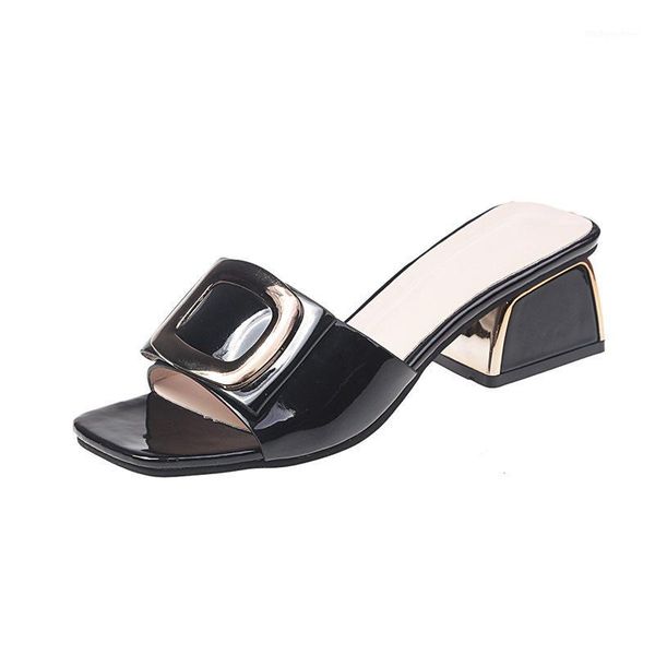 

slippers 2021 est women pure color square head coarse heel women's wedges non-slip comfortable sandals1, Black