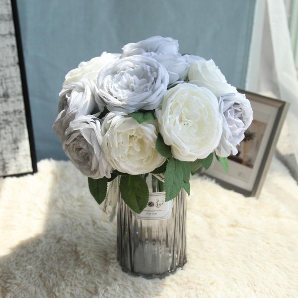 

artificial fake rose silk flowers 5 flower head leaf garden decor bridal bouquet plastic flower for wedding home decorative 9.31