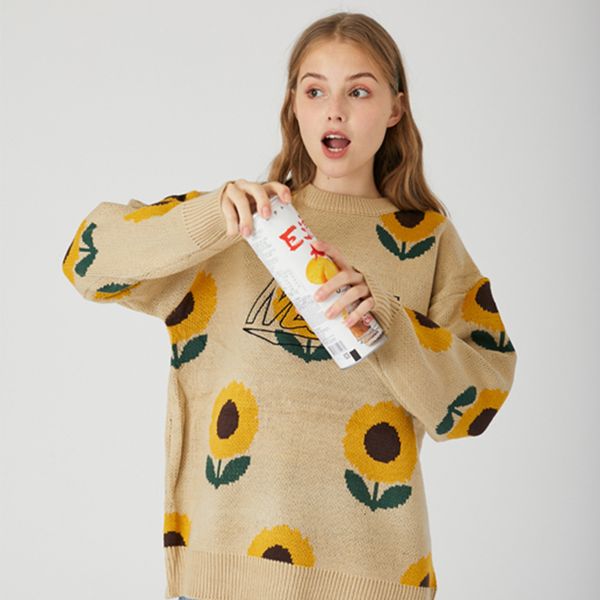 

2021 new streetwear floral pattern sweater female winter korean hip hop knit jumper sweaters btto, White;black