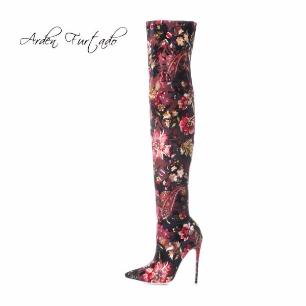 

boots 2021 spring summer stilettos high heels 12cm over the knee print flowers stretch fabic slip on fashion shoes woman ladies, Black