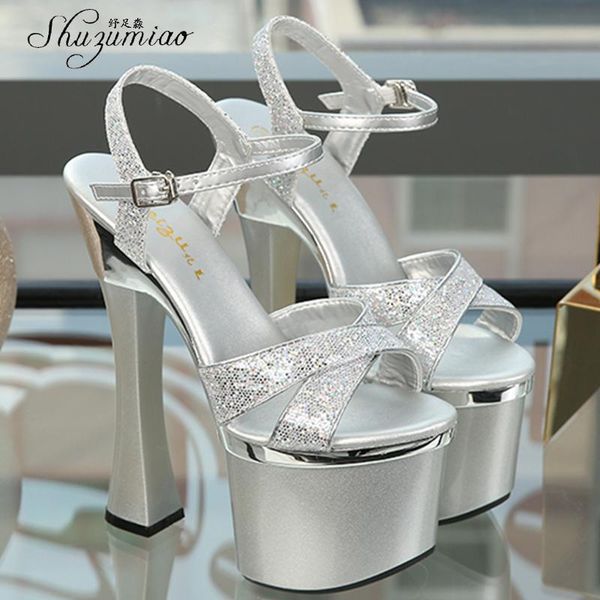

sandals shuzumiao women 2021 high heels waterproof platform female shoes square heel 18cm sequins model show pole dance, Black