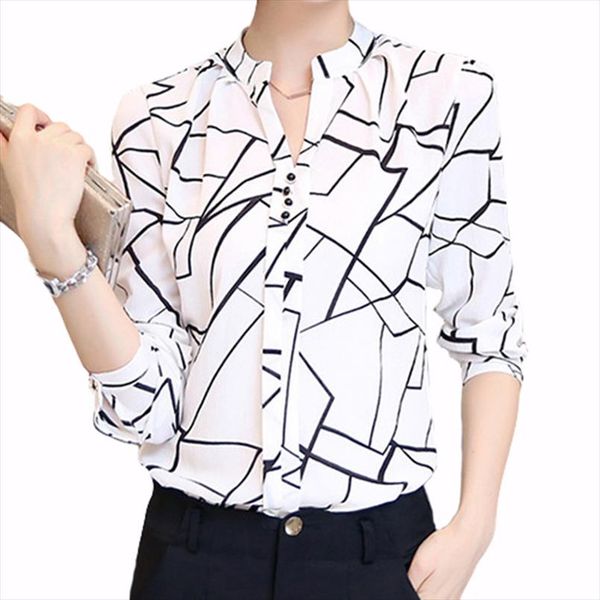 

2020 women blouses shirt print dot long sleeve chiffon shirts v neck casual fashion office white blusas femininas 6211