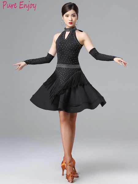 

stage wear latin dance costumes women salsa dancewear costume dresses ballroom competition tango fringe gold rhinestone, Black;red