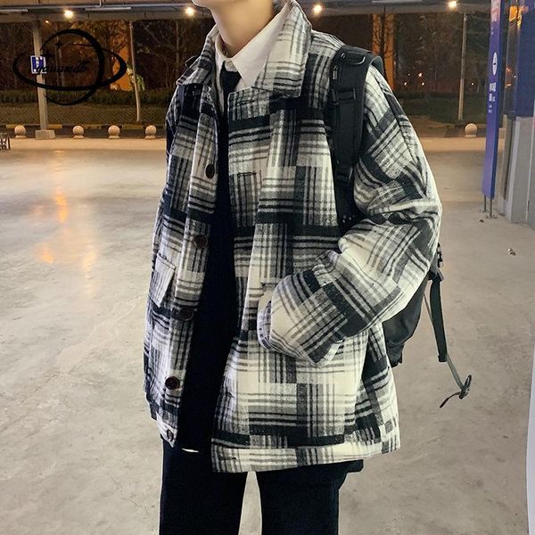 

men's wool & blends m-3xl mens coats winter male jackets turn-down collar single breasted plaid thicken outerwear clothes hy95, Black