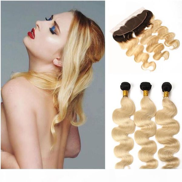 

8a body wave ear to ear lace frontal with bundles t1b 613 platinum blonde ombre peruvian human virgin hair weave with lace frontal, Black;brown