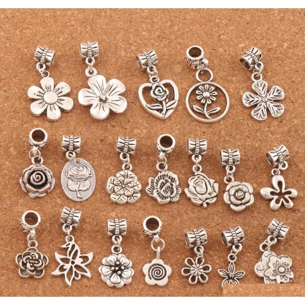 

190pcs/lot flowers dangle alloy big hole beads tibetan silver fit european charm bracelet jewelry diy bm55 lzsilver wwzno, Black