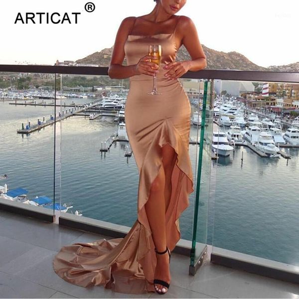 

articat irregular ruffles long maxi christmas dress women red satin backless bodycon dress elegant split party 20181, Black;gray