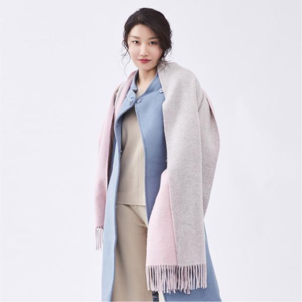 

women solid wool scarf doublethicken warm soft shawls wraps knitted tassels wool long shawls, Blue;gray