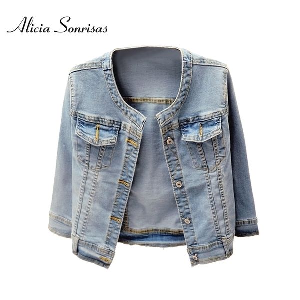 

new denim jacket spring autumn short o neck casual three quarter sleeve light blue jeans for women plus size xs to 5xl 201109, Black;brown