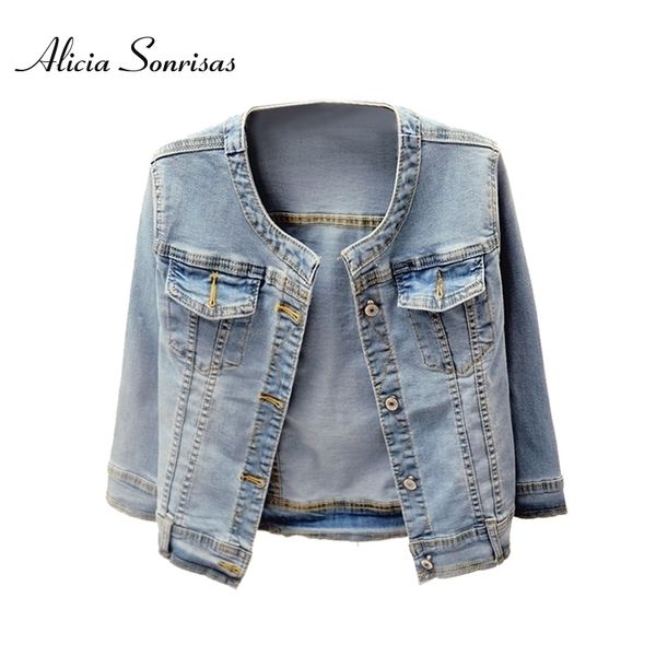 Neue Jeansjacke Frühling Herbst Kurzer O-Ausschnitt Lässige Dreiviertelhülse Hellblaue Jeans für Frauen Plus Größe XS bis 5XL 201109