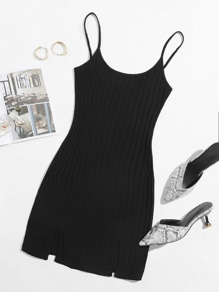 

ribbed cami -slit bodycon mini dress r8oy#, Black;gray