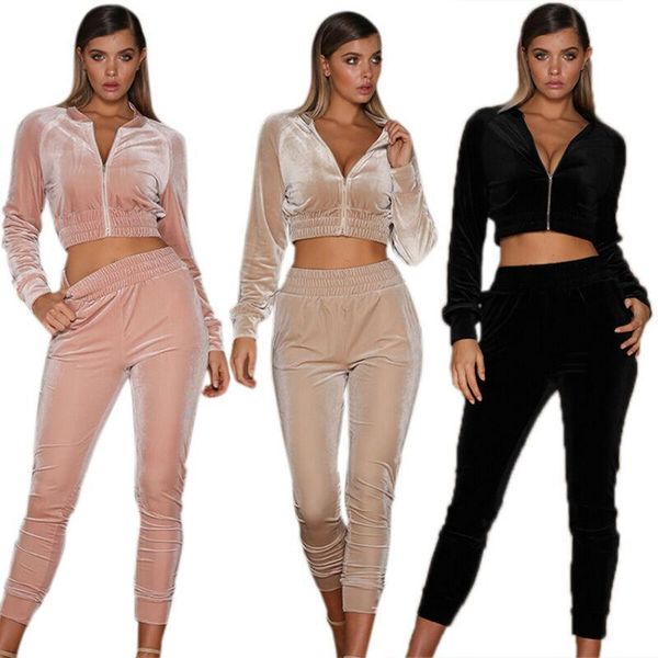 

running sets velvet women sport set pure color lapel long sleeve crop zipper high waist trousers jogging sweatsuits 2pcs/set loungewear, Black;blue