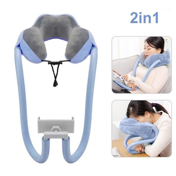 

2-in-1 u-shaped neck pillow with gooseneck tablet phone holder, memory foam nap pillow with flexible phone reading holder,1