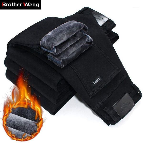 

2020 winter new men warm slim jeans elasticity skinny black jeans fashion casual thick denim pants trousers male brand clothes1, Blue