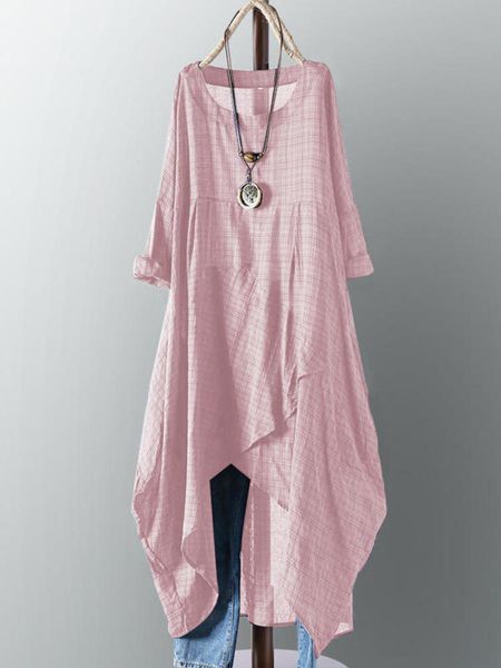 

2019 women's cotton pocket plaid long drs with irregular hem, Black;gray