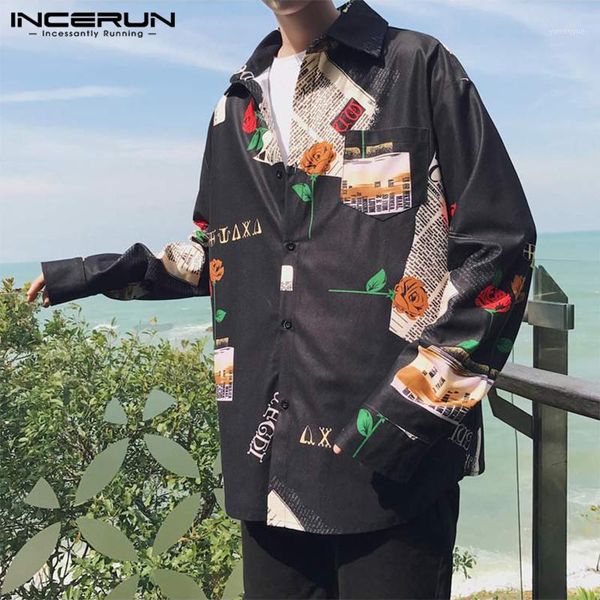 

incerun fashion printed shirt men lapel long sleeve loose casual blouse korean breathable high street men hawaiian shirts s-3xl1, White;black