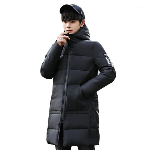 

2020 winter jacket men hooded slim korean parka hombre long jacket coat mens windbreaker parkas cotton youth clothing1, Black
