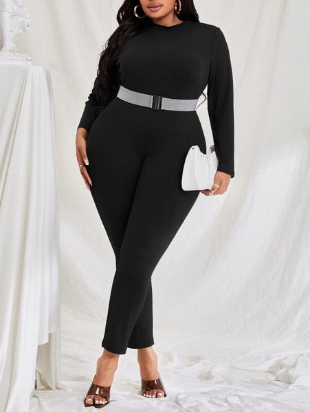 

sxy plus mock neck belted tee jumpsuit u80w#, Black