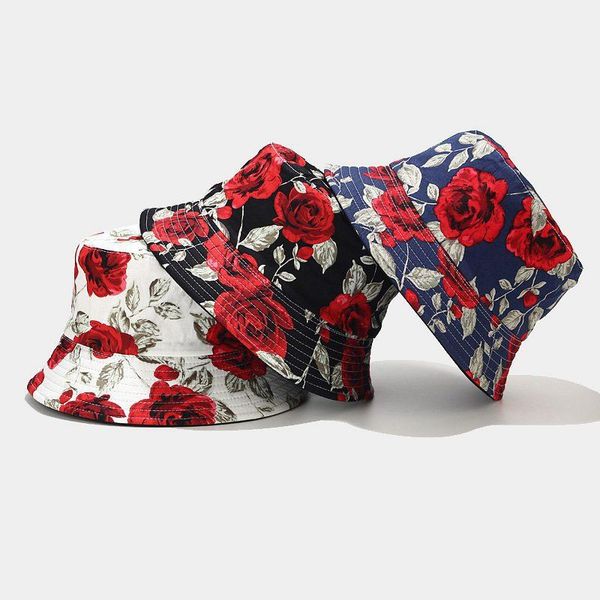 

2021 New Fashion Panama Hat Rose Flower Bucket Hats Summer Floral Sun Hats For Women Cotton Fisherman Cap, Blue;gray