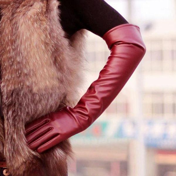 

2019 winter new fashion warm long gloves outdoors design leather faux gloves women 2 colors1, Blue;gray