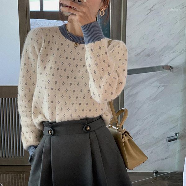 

women sweater crew neck pink beige blue black high street winter autumn pullover geometric1, White;black