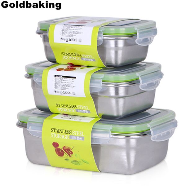 Goldbaking de aço inoxidável almoço recipientes de alimento preservação à prova de vazamento alimentos armazenamento recipiente bento caixa lj200826