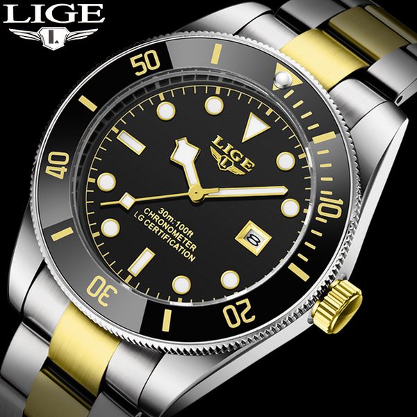 

lige new sport dive mens watch for men business retro design quartz watches men&#39s military stainless steel waterproof wirstw, Silver