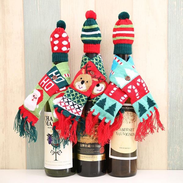 

christmas decorations party decoration red wine bottle covers clothes with hats dinner table -351