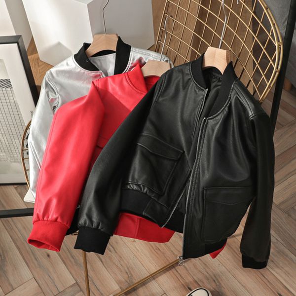 

2021 new spring autumn women short silver faux leather jacket biker long sleeve streetwear coat outwear egqf, Black