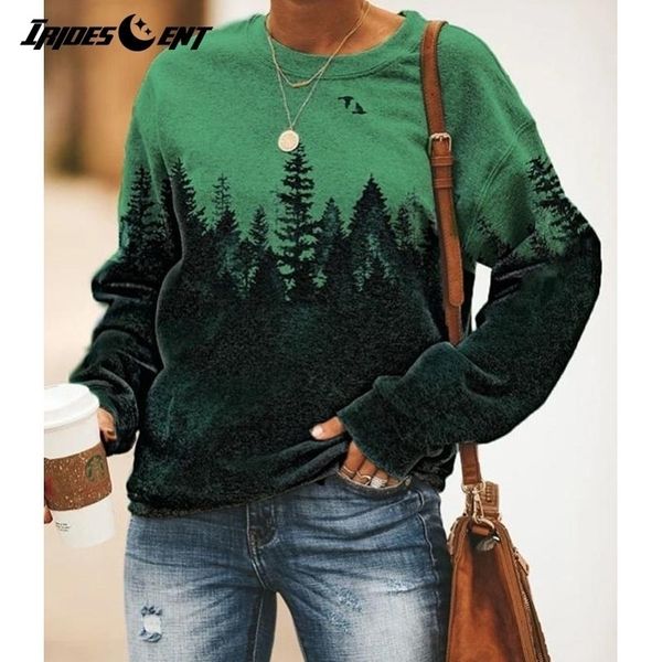 

oversized women's fashion mountain print long sleeve sweatshirt casual hoodie round neck autumn pullover design sweatshirt 201028, Black