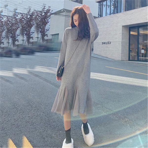 

women patchwork mermaid temperament casual round mesh neck long sleeve loose knitted autumn sweater dress1, Black;gray