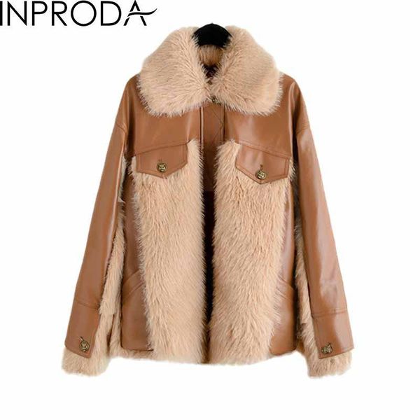 

women's fur & faux inproda women jacket patchwork thickening winter coat fashion loose warm brown jackets 2021, Black