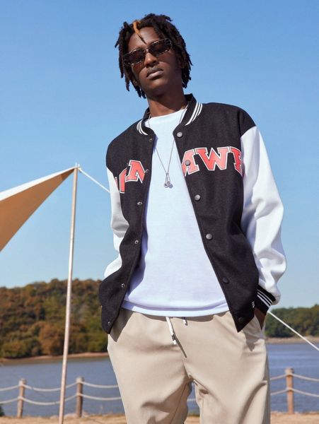 

romwe guys letter graphic bomber jacket without tee p8an#, Black;brown