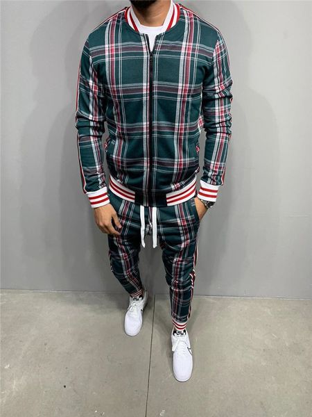 

new mens fashion jacket sets colorful plaid men casual zipper autumn tracksuit set male sweatshirt pocket, Gray