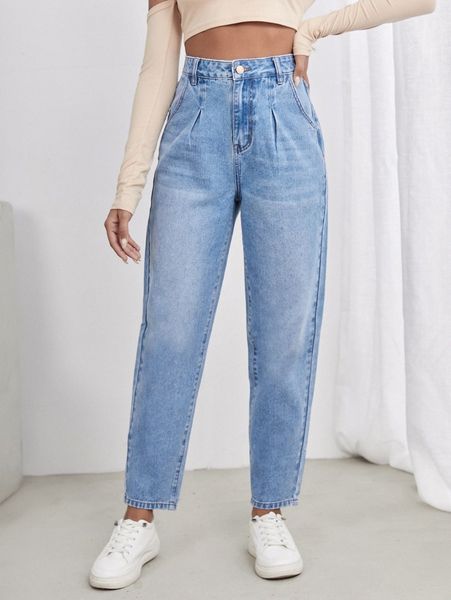 

high waist fold pleated detail jeans 46wm#, Blue