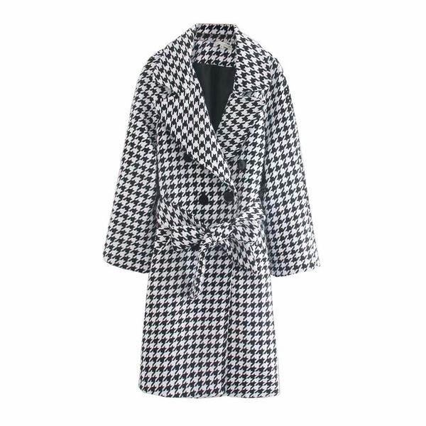 

2021 new fashion houndstooth fall belt ladies casual women long jackets loose gilrs chic jacket bj7t, White;black