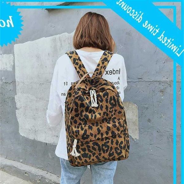 

dhl 50pcs women corduroy leopard printing large capacity school bag brown zipper travel backpack