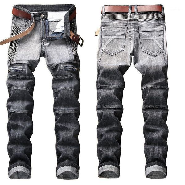 

denim men's fashion brand motorcycle men personality wrinkle slim stretch jeans men's brand1, Blue